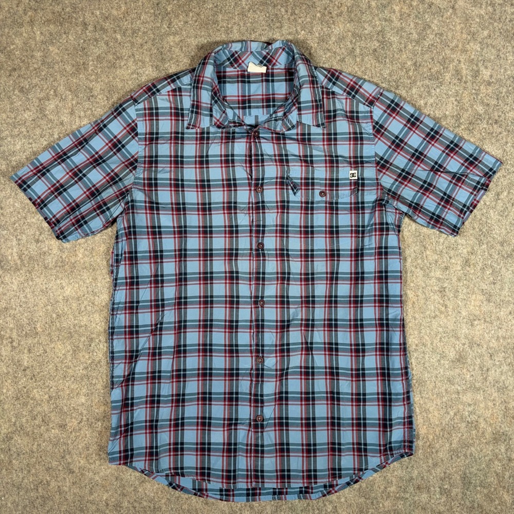 VTG DC Shoes Button Down Shirt Mens M Blue Plaid Skater Short Sleeve y2k grunge‎